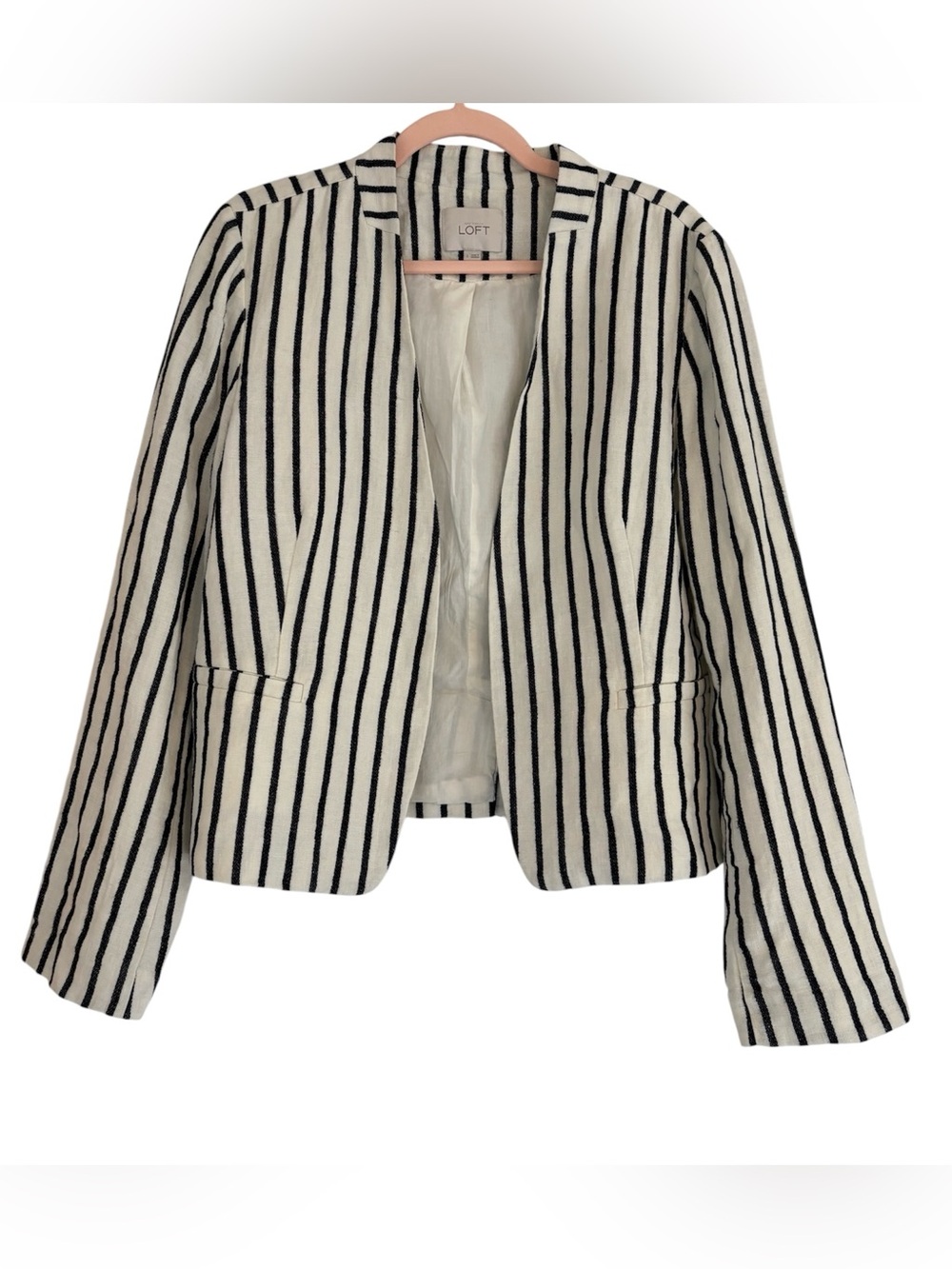 Linen LOFT Black and White Vertical-Stripe Open Blazer